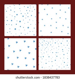 Seamless brilliant glitter pattern set. Blue shiny sparkles, stars, hearts isolated on white background. Sparkling random festive confetti. Trendy Vector illustration for holidays, Christmas, Birthday