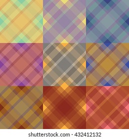 Seamless British tartan pattern collection. Plaid fall palette. Repeated diagonal tile twill texture for blanket web, print, fashion fabric, textile design, invitation card  background. endless Vector