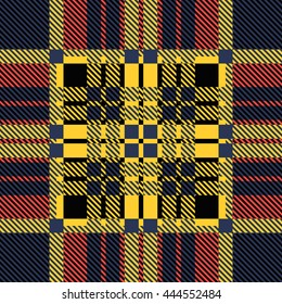 Seamless British tartan pattern. Plaid red, blue and yellow palette. Repeated twill texture for web, print, fashion fabric, textile design, invitation card  background. Vector illustration.