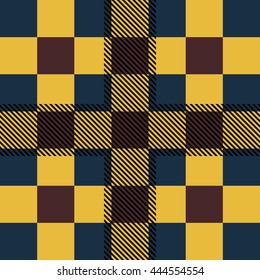 Seamless British tartan pattern. Plaid brown, blue and yellow palette. Repeated twill texture for web, print, fashion fabric, textile design, invitation card  background. Vector illustration.