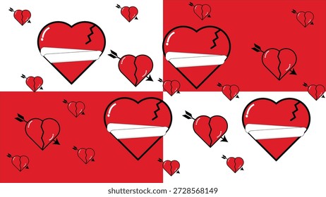 Patrón de ilustración de corazón roto sin fisuras con fondo rojo y blanco. Símbolo de desamor, amor, dolor, romance, fracaso y temas emocionales, perfecto para San Valentín, carteles y diseños textiles.