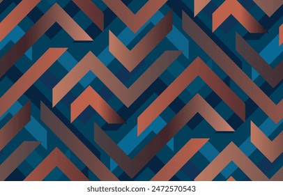Patrón geométrico en zigzag de bronce y color azul sin costuras. Ilustración vectorial