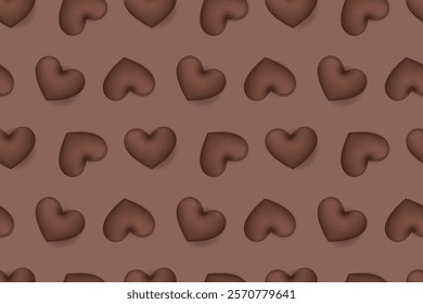 Seamless brown 3d chocolate heart pattern with romantic words like "Forever" and "Kiss Me." for Valentine’s Day, anniversaries, wallpapers, wrapping paper, greeting cards, and love-themed. chocolate.