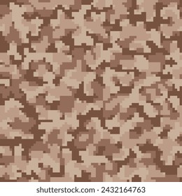 Seamless Brown Abstract Geometric Soldier Print.  Green Repeated Modern Pixel Army Fabric. Khaki Repeated Grunge Digital Military Wallpaper. Beige Vector Camouflage Texture. 