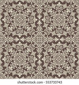 Seamless brown background with beige pattern in baroque style. Vector retro illustration.  Ideal for printing on fabric or paper.
