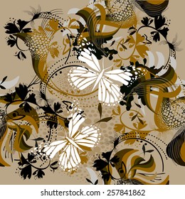 Seamless brown background with butterflies. Vector