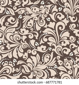 Seamless brown background with cocoa and light pattern in baroque style. Vector retro illustration. Ideal for printing on fabric or paper.