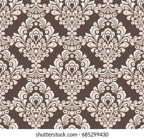 Seamless brown background with cocoa and white pattern in baroque style. Vector retro illustration. Ideal for printing on fabric or paper.