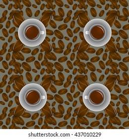 Seamless brown background with coffee cup and beans