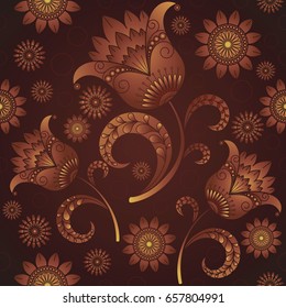 Seamless brown background from graceful tulips and chamomiles in vector. The abstract background is suitable for textiles, fabrics, wallpapers, wrapping paper and other printing purposes.