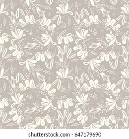 Seamless brown background with light flowers and leaves. Ideal for printing on fabric or paper. Vector illustration.