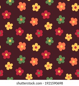 Seamless brown background with red, yellow, and orange retro style flowers. Vector illustration.