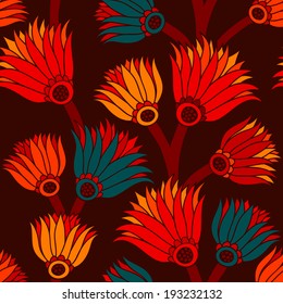 Seamless brown background with red, yellow and blue flowers