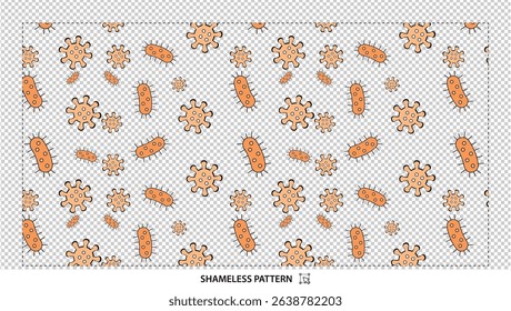 Seamless brown bacteria and virus pattern with microscopic cells on transparent background