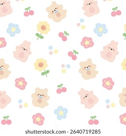 Seamless brown bear, and stylized flowers, cartoon vector.
