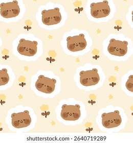 Seamless brown bear, and stylized flowers, cartoon vector.