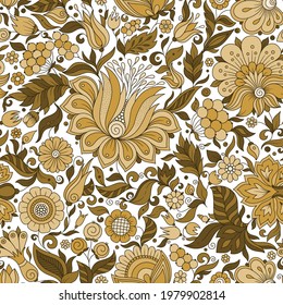 Seamless brown and beige floral pattern, springsummer backdrop. Hand drawn surface design with flowers in garden. Can be used for wallpapers, pattern fills, surface textures.