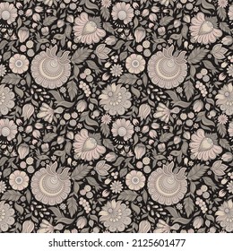 Seamless brown and beige floral pattern, springsummer backdrop. Hand drawn surface design with flowers in garden. Can be used for wallpapers, pattern fills, surface textures.