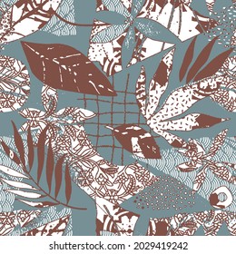 Seamless brown blue woven cloth geometric linen texture. Two tone monochrome pattern background. Modern textile weave effect. Masculine leaf, floral, line  motif repeat vector print.