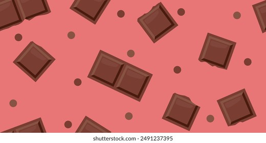 Seamless brown broken Chocolate bar pattern with dots on pink background on International Chocolate Day. Colorful vector hand drawn, not AI illustration in brown, pink colors	