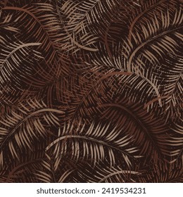 Seamless brown camo pattern with tropical foliage, palm leaves. Paint brush strokes. Grunge abstract style. For apparel, fabric, textile, sport goods.