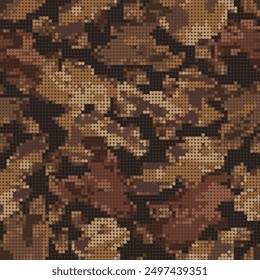 Patrón de camuflaje marrón sin costuras con Formas abstractas, manchas, manchas. Efecto PIXEL con círculos. Fondo irregular para la ropa, tela, materia textil, artículos del deporte.