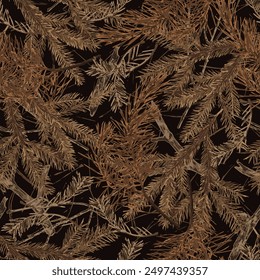 Patrón de camuflaje marrón sin costuras con ramitas de abeto con agujas secas, palos secos. Elementos de naturaleza forestal. Para ropa, tela, textil, artículos deportivos.