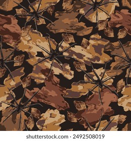 Motif harmonieux de camouflage marron avec litière de forêt, morceaux d'écorce sèche, araignées rampantes. Nature sauvage. Arrière-plan élégant pour vêtements, tissus, textiles, articles de sport.