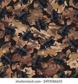 Seamless brown camouflage pattern with forest litter, dry bark pieces, crawling dung beetle, scarab. Wild nature. Spotty background for apparel, fabric, textile, sport goods.