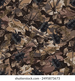 Seamless brown camouflage pattern with forest litter, dry bark pieces, crawling dung beetle, scarab. Wild nature. Spotty background for apparel, fabric, textile, sport goods.