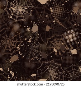 Seamless brown camouflage pattern in grunge style with spiderweb, paint brush strokes, blots, round halftone shapes. Dense random chaotic composition. Good for apparel, fabric, textile, sport goods