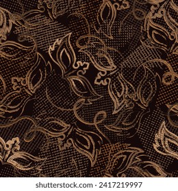 Seamless brown camouflage pattern with random scattered carnival masks, overlapping tulle pieces. Random composition. For apparel, fabric, textile, sport goods Grunge texture