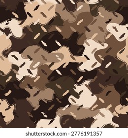 Seamless brown camouflage pattern with scattered oval speckles, spots. Overlapping irregular patches on background. Grunge contour of figures. For clothing, fabrics, textiles, sporting goods