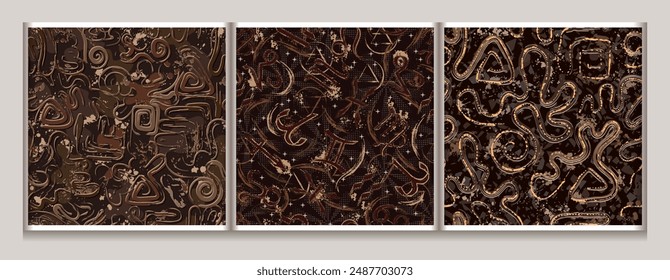 Patrones de camuflaje marrón sin costuras con Formas onduladas abstractas, remolinos, pintura salpicada, signos del horóscopo. Densa composición aleatoria. Textura grunge, estilo