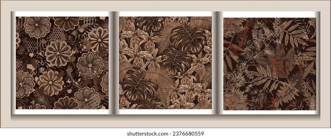 Seamless brown camouflage patterns with nature elements. Floral motifs with leaves, flowers, abstract shapes. For apparel, fabric, textile, sport good design.