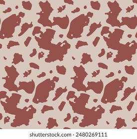 Seamless brown cow spots pattern, simple style. Brown random spots background. Can be used for wallpaper, textile design, web page background. Farm animal texture banner.