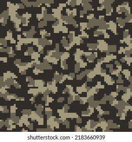 Seamless Brown Fashion Digital Camouflage Fabric.  Black Repeated Graphic Geometric Camo Print. Beige Seamless War Pixel Army Art. Khaki Vector Commando Wallpaper. 