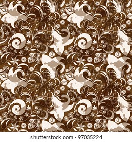 Seamless brown floral pattern with flowers and transparent butterflies (vector EPS 10)