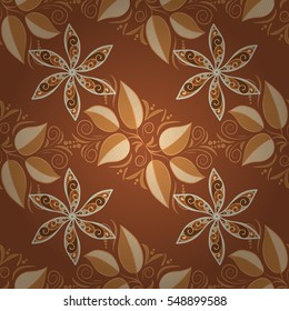 Seamless brown floral vector wallpaper pattern. Beige. Leaves. Radial gradient shape.