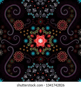 Seamless brown, gray and black background with abstract flowers and elements. Ideal for printing on fabric or paper. Vector retro illustration.