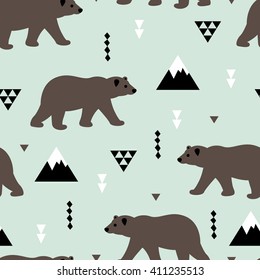Seamless brown grizzly bear canadian woods winter scandinavian geometric kids design fabric background pattern in vector