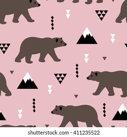 Seamless brown grizzly bear canadian woods winter scandinavian geometric kids design fabric background pattern in vector