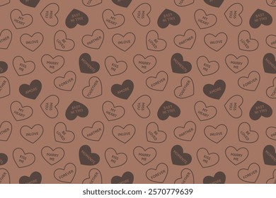 Seamless brown heart pattern with romantic words like "Forever" and "Kiss Me." Perfect for Valentine’s Day, anniversaries, wallpapers, wrapping paper, greeting cards, and love-themed. chocolate.