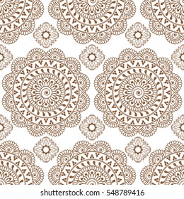 Seamless brown henna background with mehndi floral henna lace buta decoration items on white background in Indian style. Vector floral wedding decorative elements isolated.