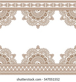 Seamless Brown Henna Indian Mehndi Pattern with floral border elements for card and tattoo on white background. Vector illustration