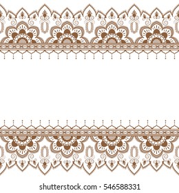 Seamless brown henna pattern mehndi border elements in Indian style with flowers for tattoo or card on white background. Vector illustration