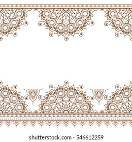 Seamless brown henna pattern mehndi borders in Indian style with floral elements for tattoo or card on white background. Vector illustration