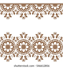Seamless Brown Indian mehndi border element with flowers pattern card for tattoo on white background. Vector illustration
