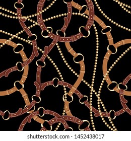 Seamless with brown leather belts ,gold metallic chains and braids for fabric design. Abstract fashion pattern illustration on black background. Idea for material, scarf, fabric, textile, wallpaper .