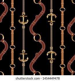 Seamless with brown leather belts ,gold metallic chains and anchor for fabric design. Abstract fashion pattern illustration on black background. Idea for material, scarf, fabric, textile, wallpaper .